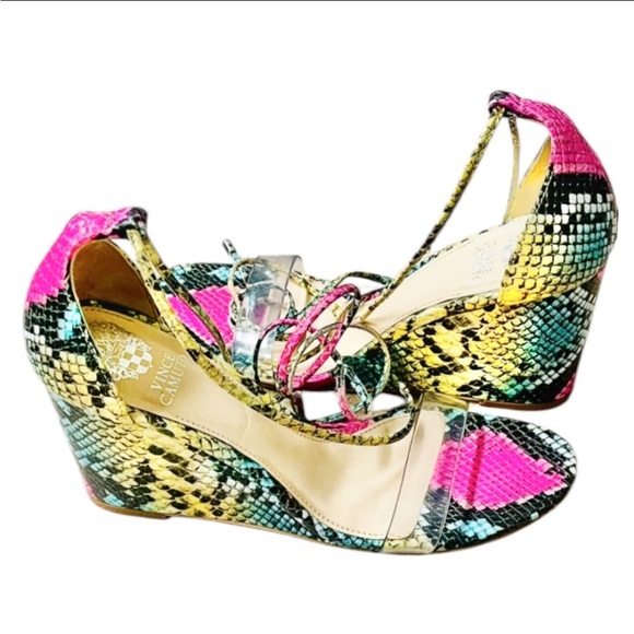 Vince Camuto Stassio Multicolor Python Embossed Wedge Tie Up Shoes 8M - Picture 3 of 9